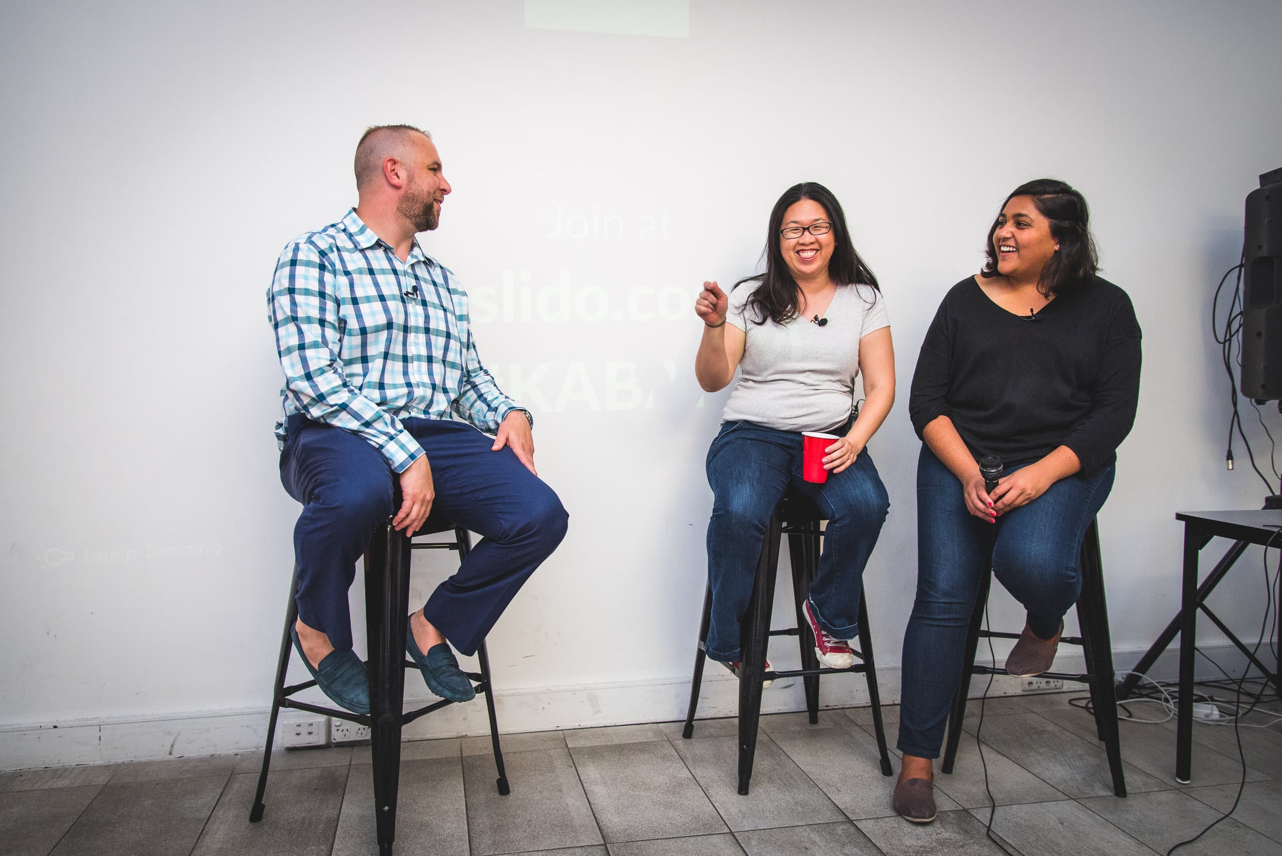 Startup Grind host Chris Joannou interviewing Holly and Shruti  (Photo credit: Alyatau Photography)