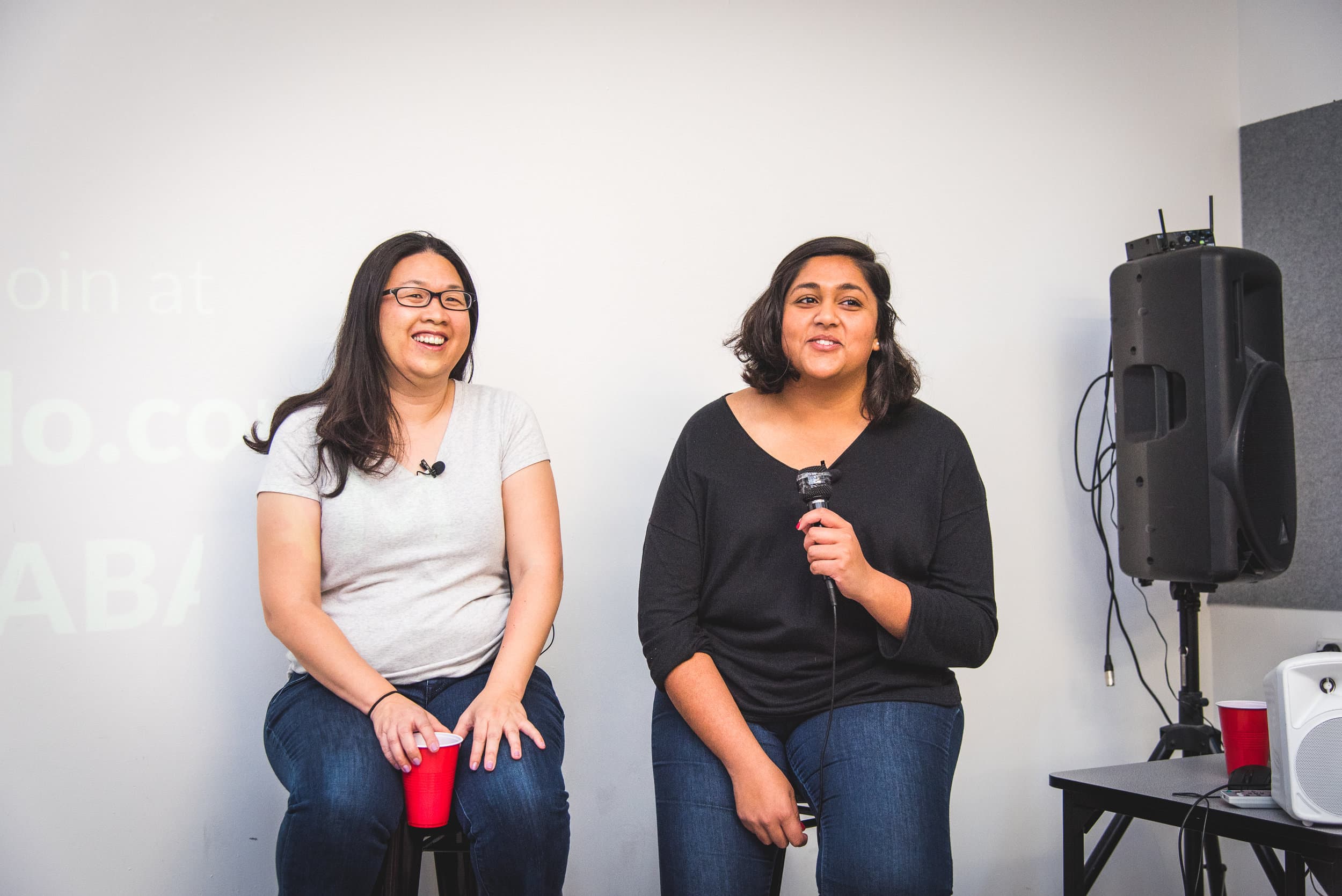 Entrepreneurs Hollu Liu (left) and Shruti Shah (right) speaking at Startup Grind Melbourne  (Photo credit:&nbsp;&nbsp;Alyatau Photography)